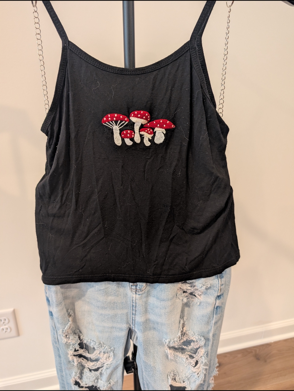 Black Mushroom Embroidered Crop Tank Top, Juniors Small